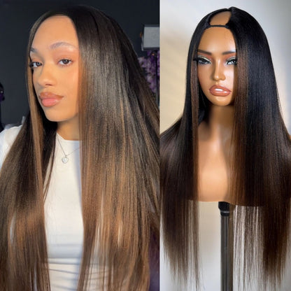 EasiContour V-Part Glueless Yaki Straight Brown Ombre Wig With Upgrade Drawstring