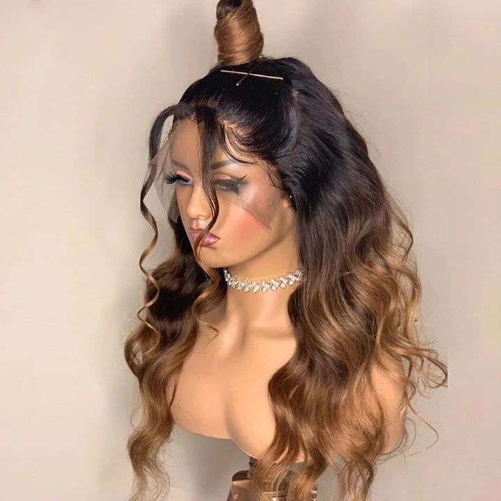 13X4/13X6 TRANSPARENT LACE FRONT BLACK ROOT OMBRE WAVY BODY WAVE HUMAN HAIR WIG