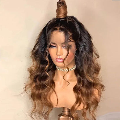 13X4/13X6 TRANSPARENT LACE FRONT BLACK ROOT OMBRE WAVY BODY WAVE HUMAN HAIR WIG