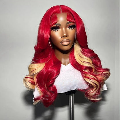 Red Blonde Wavy 13x4 Lace Front Red Highlight  180% Human Hair Wig Transparent Lace Front Wig