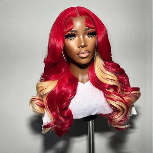 Red Blonde Wavy 13x4 Lace Front Red Highlight  180% Human Hair Wig Transparent Lace Front Wig