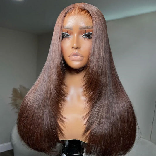 13X4/13X6 LACE FRONT HUMAN HAIR BROWN COLOR LAYERED CUT STRAIGHT WIG