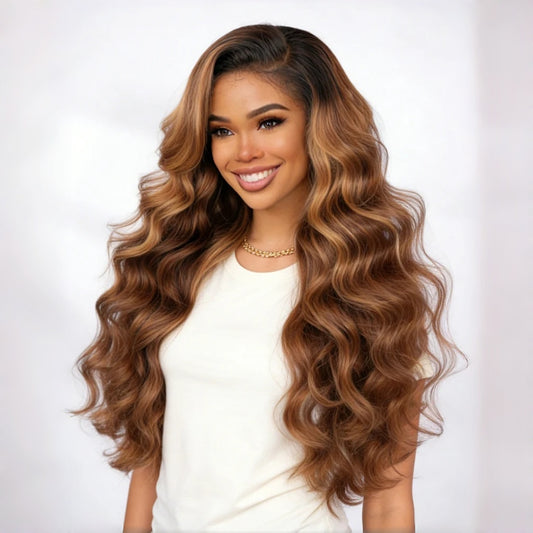 Upgrade 370 Fitted Cap Invisi-Strap HD Lace Preplucked Hairline Wig Ombre Highlight  Body Wave