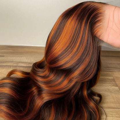 4x4/5x5 TRANSPARENT LACE CLOSURE PRE-PLUCKED GINGER HIGHLIGHT BODY WAVE WIG