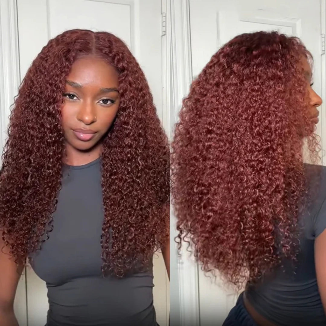 4X4/13X4 LACE FRONT HUMAN HAIR REDDISH BROWN KINKY CURLY WIG