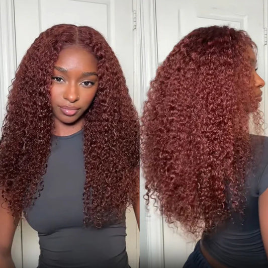4X4/13X4 LACE FRONT HUMAN HAIR REDDISH BROWN KINKY CURLY WIG