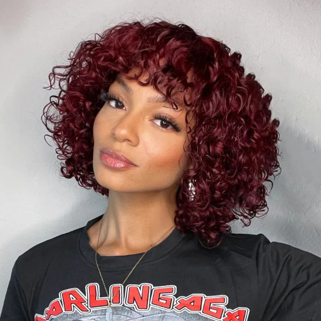 Full Machine Made Burgundy Water Wave Human Hair Wig with Bang
