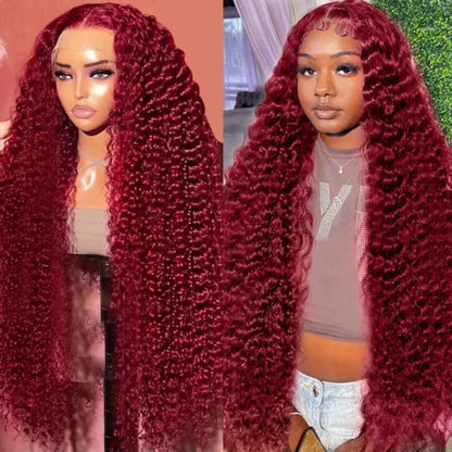 13X4/13X6 TRANSPARENT LACE FRONT 99J BURGUNDY DEEP WAVE WIG
