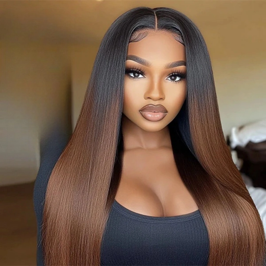 【DEAL】“SUPER Pre-plucked HD Lace” 13x6 Lace Front Wig Ombre Brown Yaki Straight