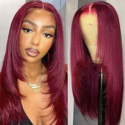 13X4/13X6 LACE FRONT HUMAN HAIR BURGUNDY LAYERED CUT STRAIGHT WIG