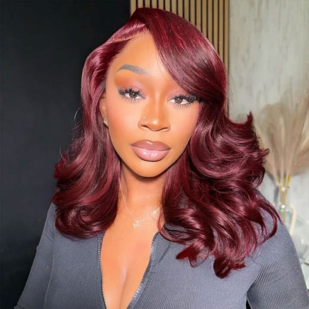 13X4/13X6 LACE FRONT HUMAN HAIR BURGUNDY BUTTERFLY LAYERED CUT WAVY WIG