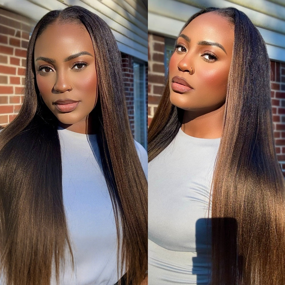 EasiContour V-Part Glueless Yaki Straight Brown Ombre Wig With Upgrade Drawstring