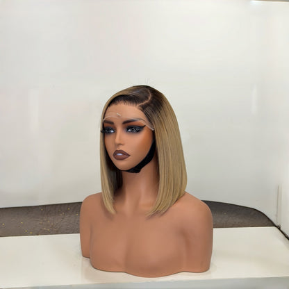 HD Lace Pre-Plucked Hairline Dark Root Beige Blonde Silky Straight Bob Wig