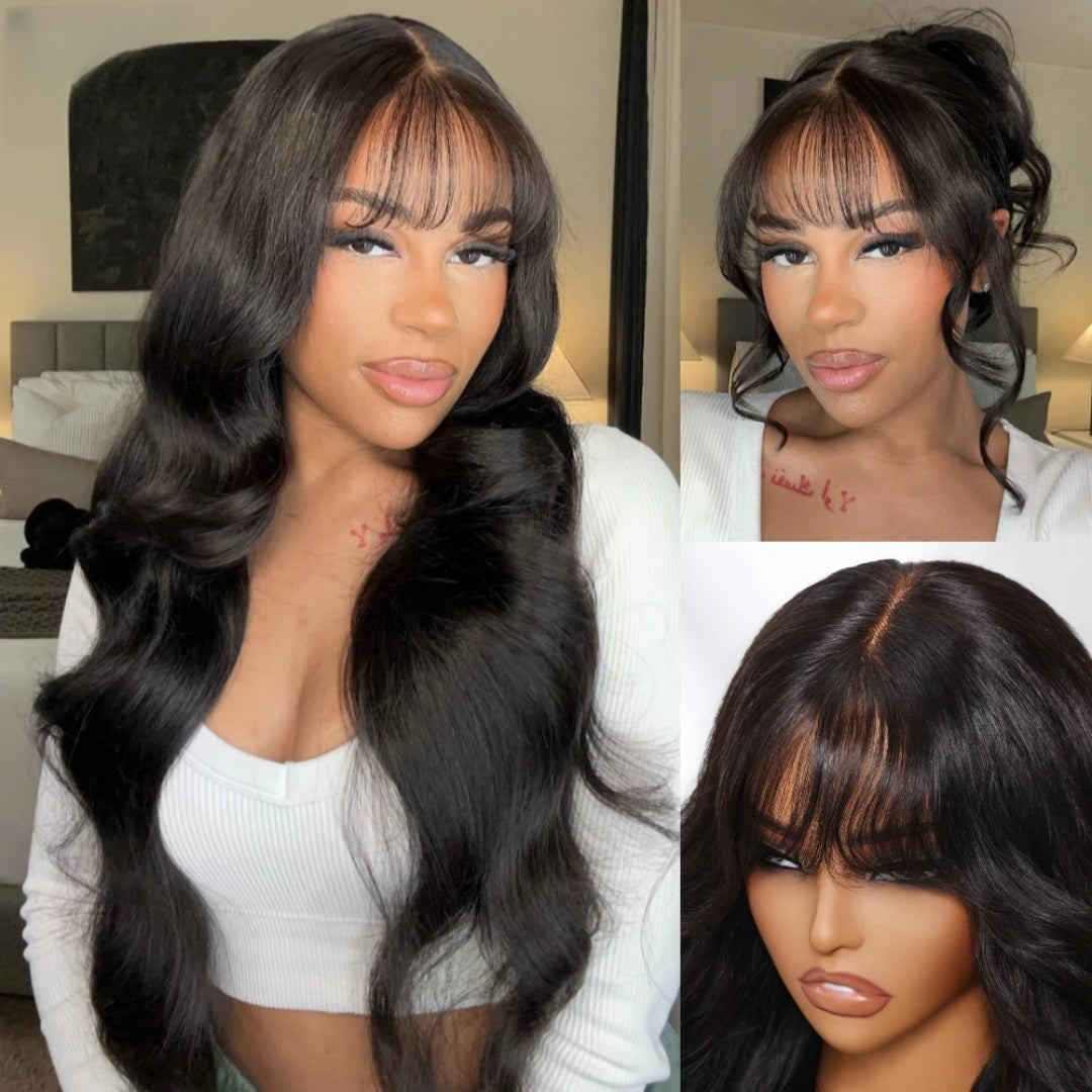 "One Fits All" 9x6 Lace Parting HD LACE Super Preplucked Hairline Body Wave With Bang Wig