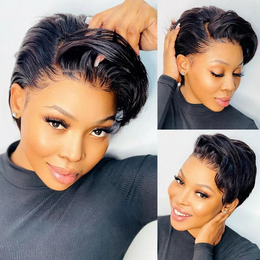 13X4/13X6 TRANSPARENT LACE HUMAN HAIR SIDE PART PIXIE CUT WIG