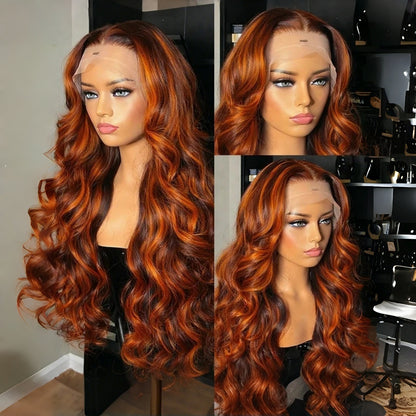 13X4/13X6 Full Frontal Transparent Lace Highlight Ombre Ginger Orange Body Wave Wig