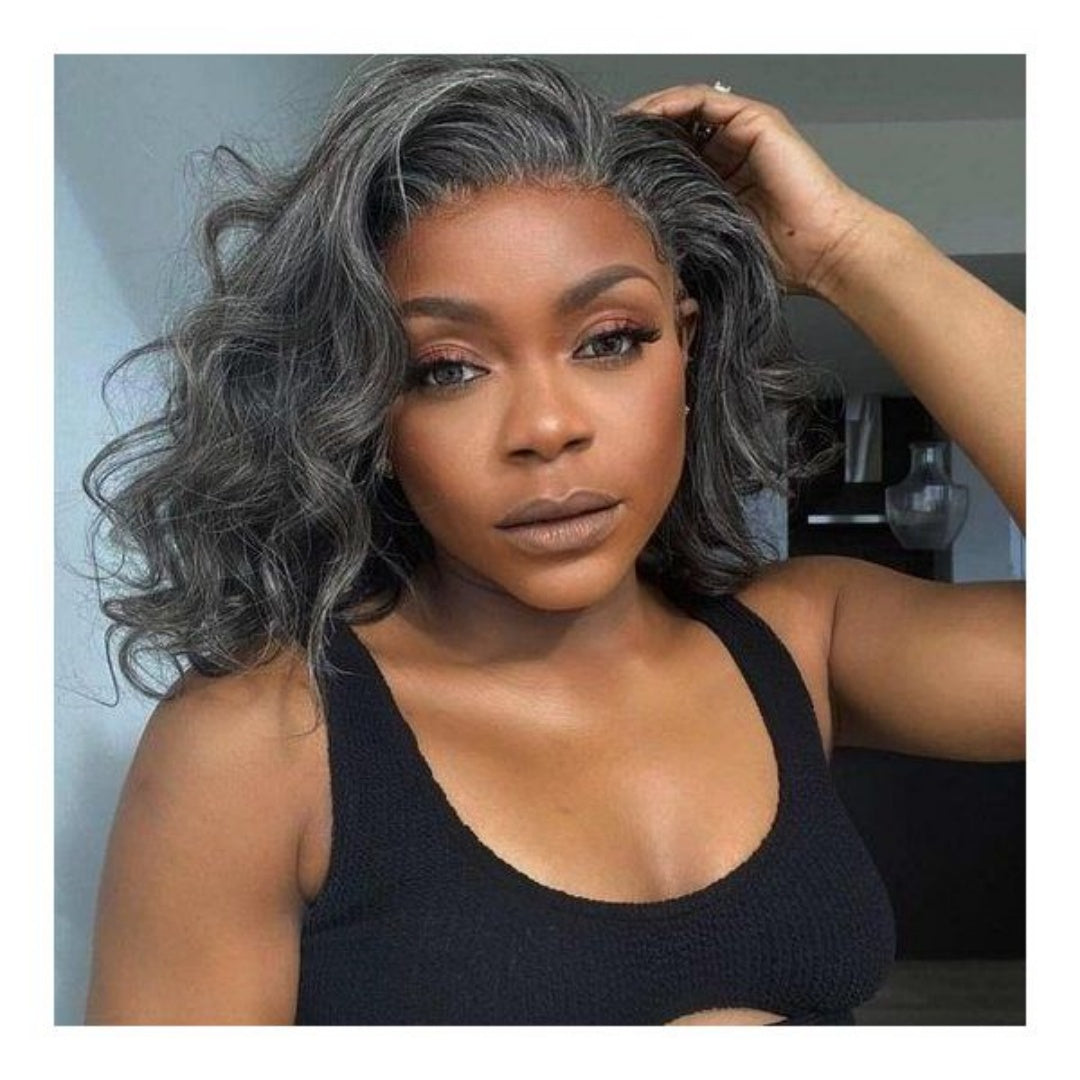5X5/13X4 LACE FRONT HUMAN HAIR SALT AND PEPPER GRAY COLOR WAVY WIG