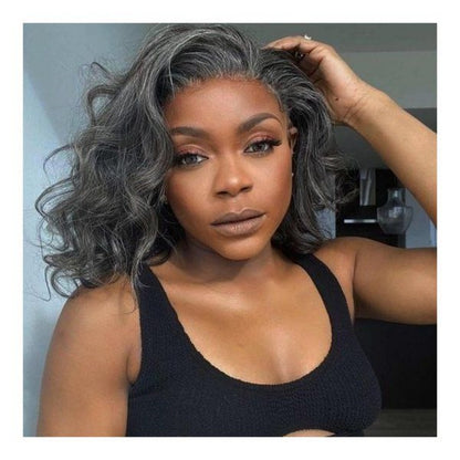 5X5/13X4 LACE FRONT HUMAN HAIR SALT AND PEPPER GRAY COLOR WAVY WIG