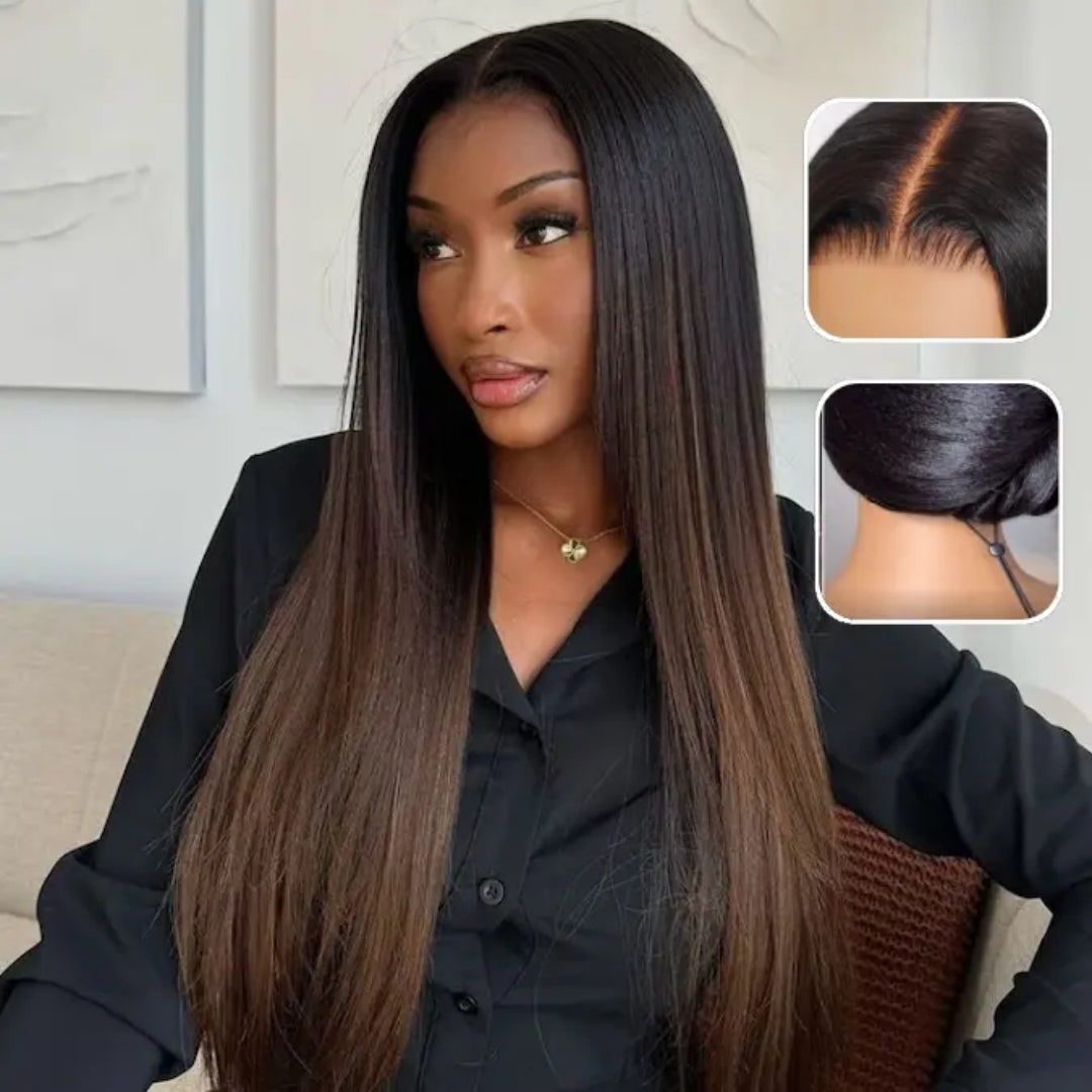 HD LACE 3D Dome Cap 9x6 Super Preplucked with Drawstring Wig Ombre Brown Yaki Straight