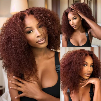 4x4/13x4 REDDISH BROWN AFRO KINKLY CURLY BOB LACE FRONT WIG
