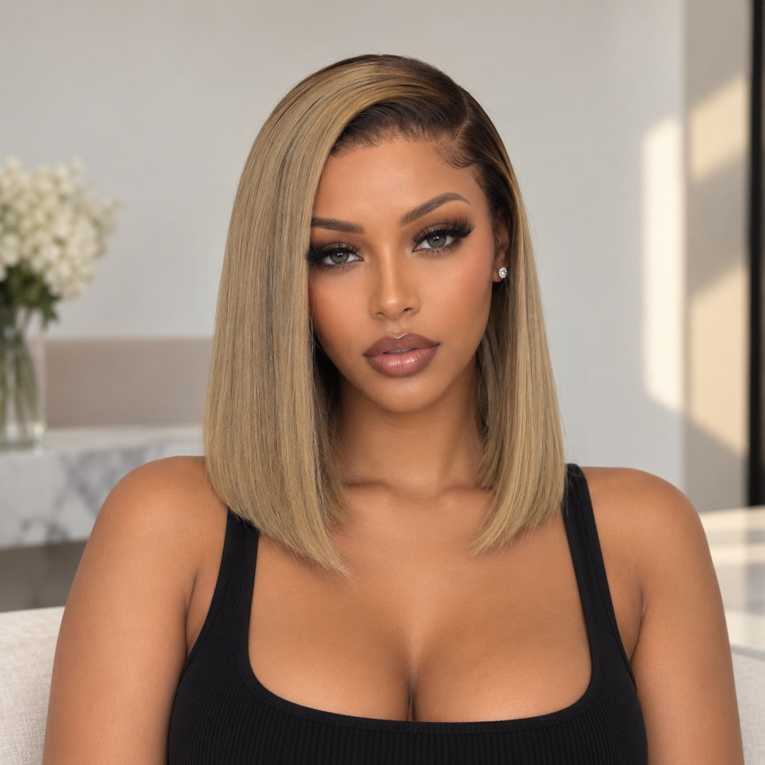 HD Lace Pre-Plucked Hairline Dark Root Beige Blonde Silky Straight Bob Wig