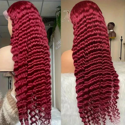 13X4/13X6 TRANSPARENT LACE FRONT 99J BURGUNDY DEEP WAVE WIG