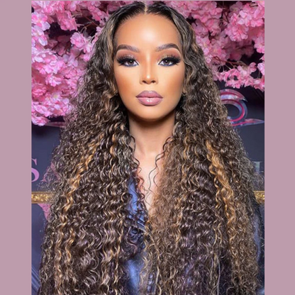 Upgrade 3 IN 1 Half Wig With Drawstring Highlight Water Wave Glueless Human Hair Wig