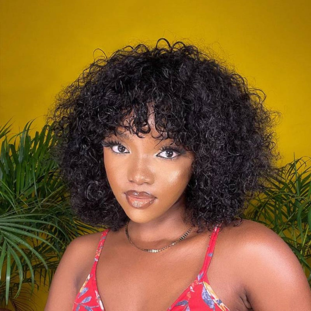 Full Machine Made Curly Human Hair Wig with Bang