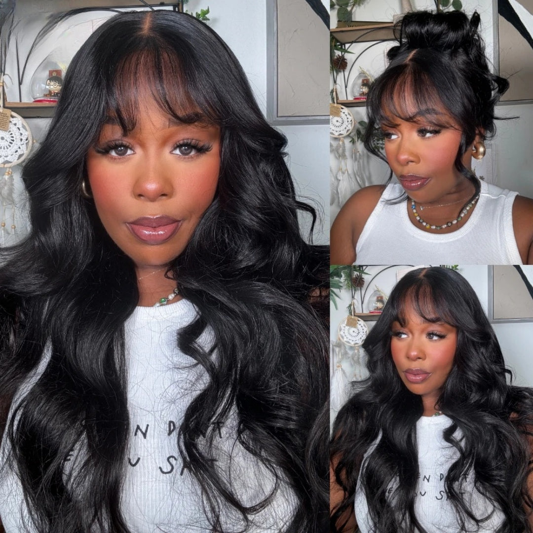 "One Fits All" 9x6 Lace Parting HD LACE Super Preplucked Hairline Body Wave With Bang Wig