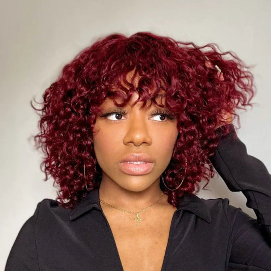 Full Machine Made Burgundy Water Wave Human Hair Wig with Bang