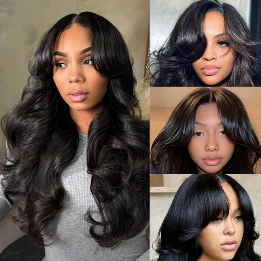 13X4/13X6 LACE FRONT HUMAN HAIR CURTAIN BANGS LAYERED BODY WAVE WIG