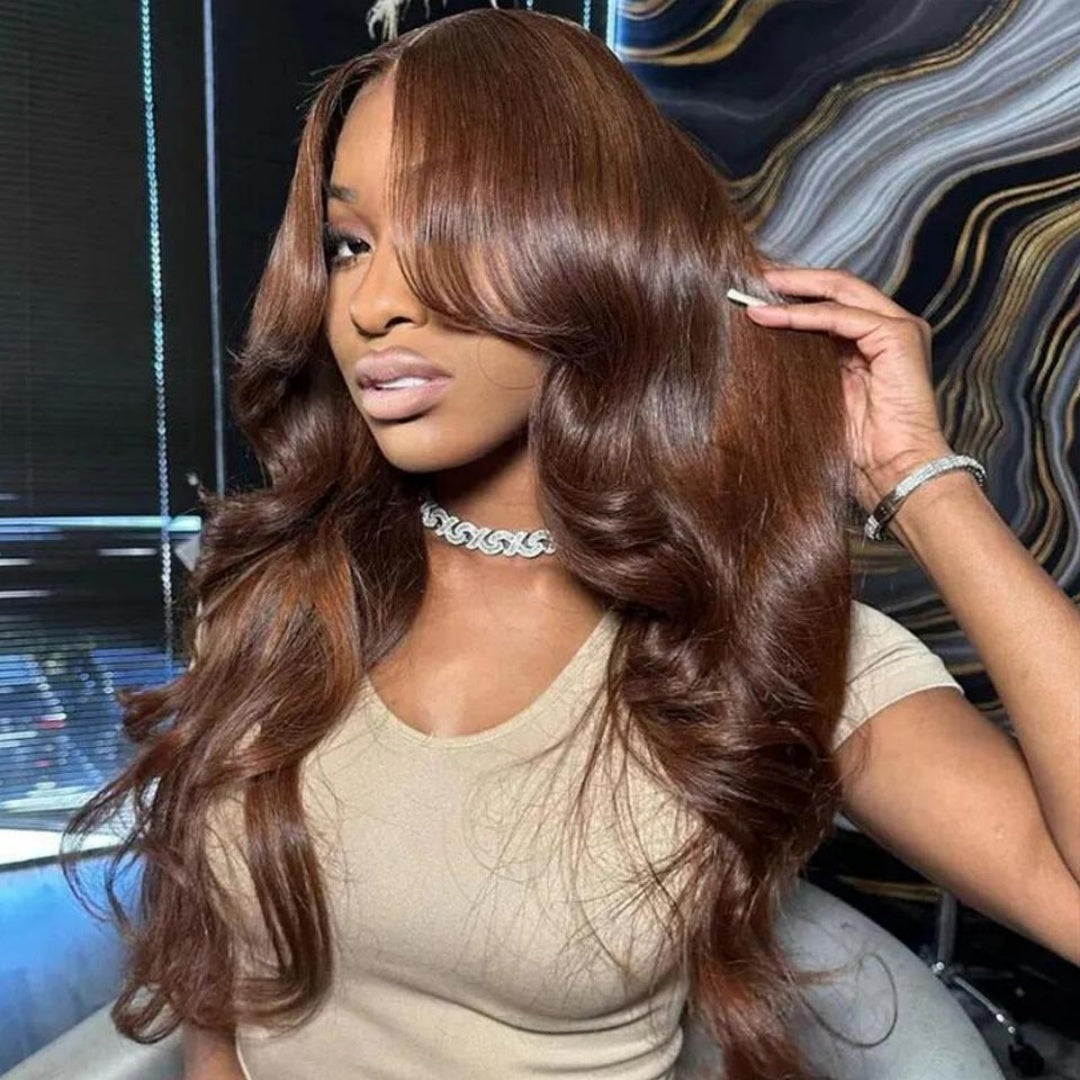 13X4/13X6 LACE FRONT HUMAN HAIR DARK BROWN LAYERED BODY WAVE WIG WITH  BANG