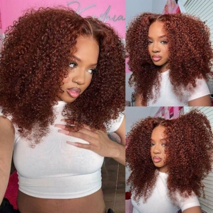 4X4/13X4 LACE FRONT HUMAN HAIR REDDISH BROWN KINKY CURLY WIG