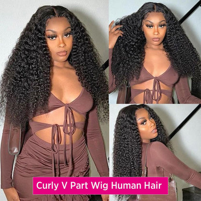 V Part Wig Curly Glueless Human Hair Wig