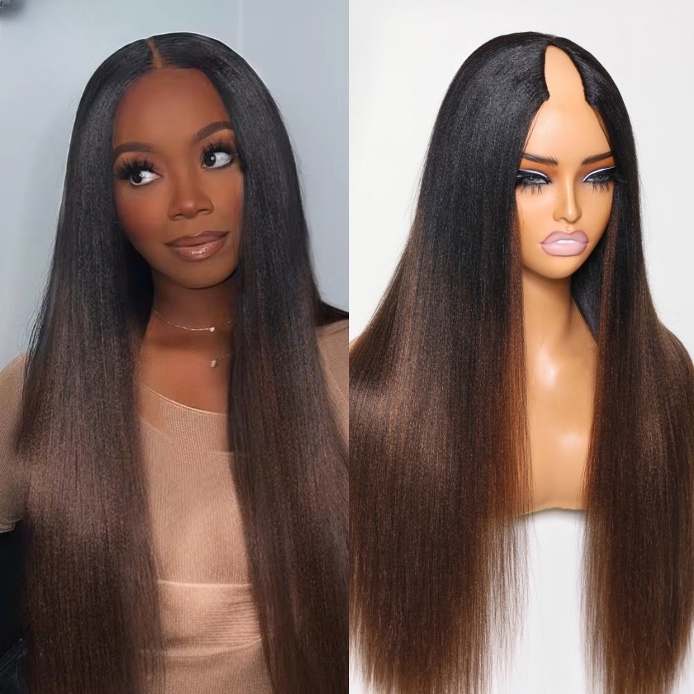 EasiContour V-Part Glueless Yaki Straight Brown Ombre Wig With Upgrade Drawstring
