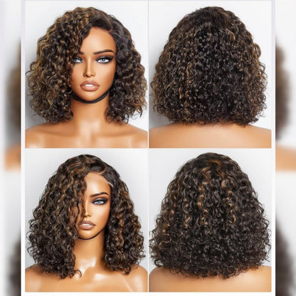 FULL TRANSPARENT/HD LACE PRE-PLUCKED CURLY BOB BROWN HIGHLIGHTS FULL LACE WIG