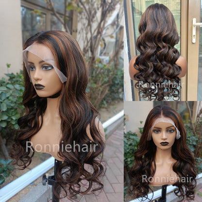 13X4/13X6 TRANSPARENT LACE FRONT HIGHLIGHT COLOR WAVY BODY WAVE HUMAN HAIR WIG