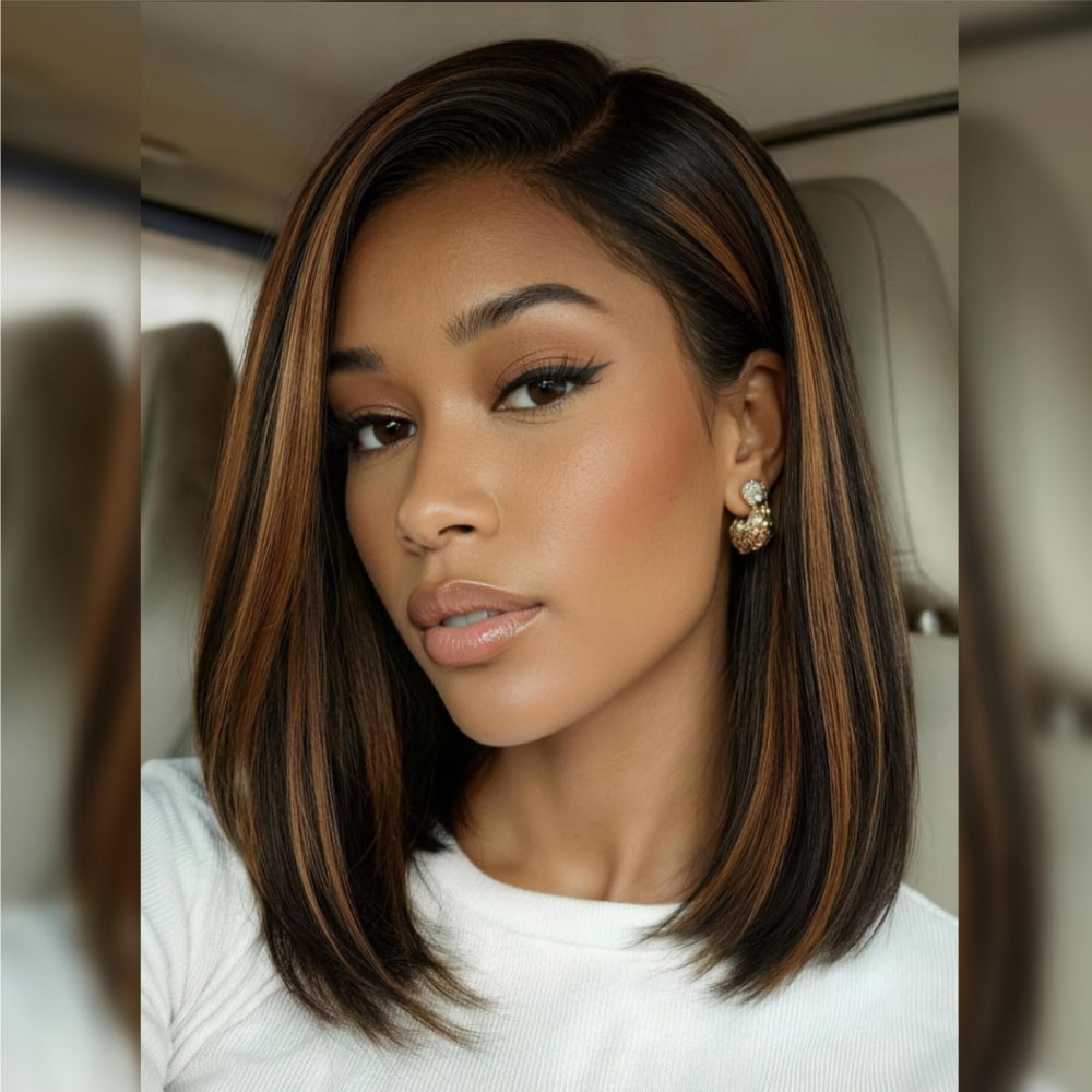 FULL TRANSPARENT/HD LACE PRE-PLUCKED YAKI STRAIGHT BOB BROWN HIGHLIGHTS FULL LACE WIG