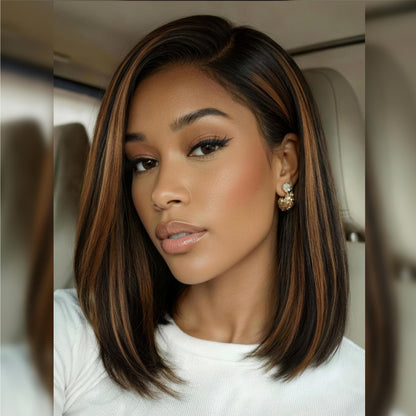 FULL TRANSPARENT/HD LACE PRE-PLUCKED YAKI STRAIGHT BOB BROWN HIGHLIGHTS FULL LACE WIG