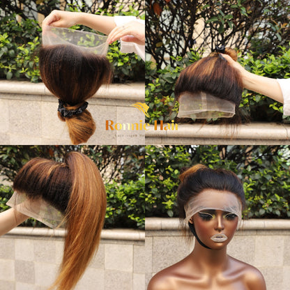 【DEAL】Invisi-Strap 360 Transparent Lace Honey Brown/Blonde Black Roots Wig // Yaki Straight