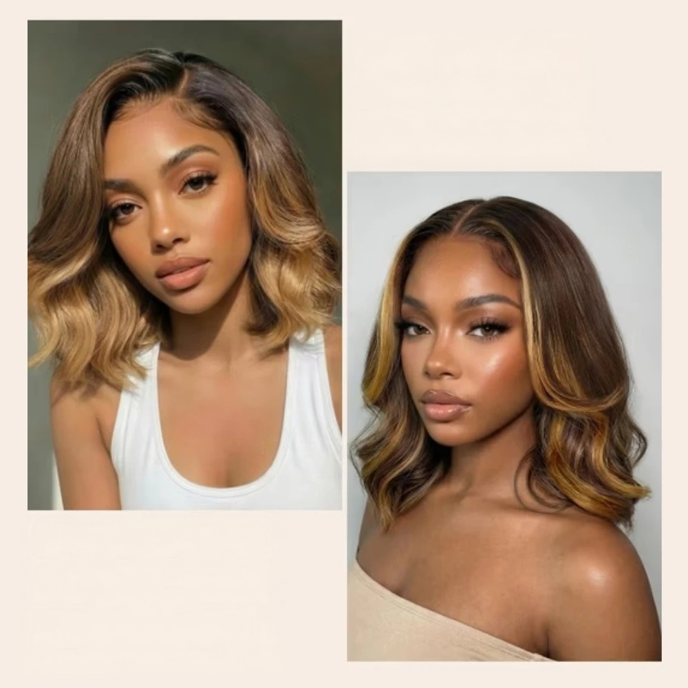 FULL TRANSPARENT/HD LACE PRE-PLUCKED BROWN WITH BLONDE HIGHLIGHTS WAVY BOB FULL LACE WIG