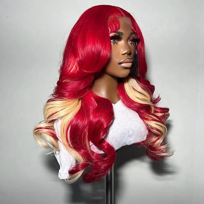 Red Blonde Wavy 13x4 Lace Front Red Highlight  180% Human Hair Wig Transparent Lace Front Wig
