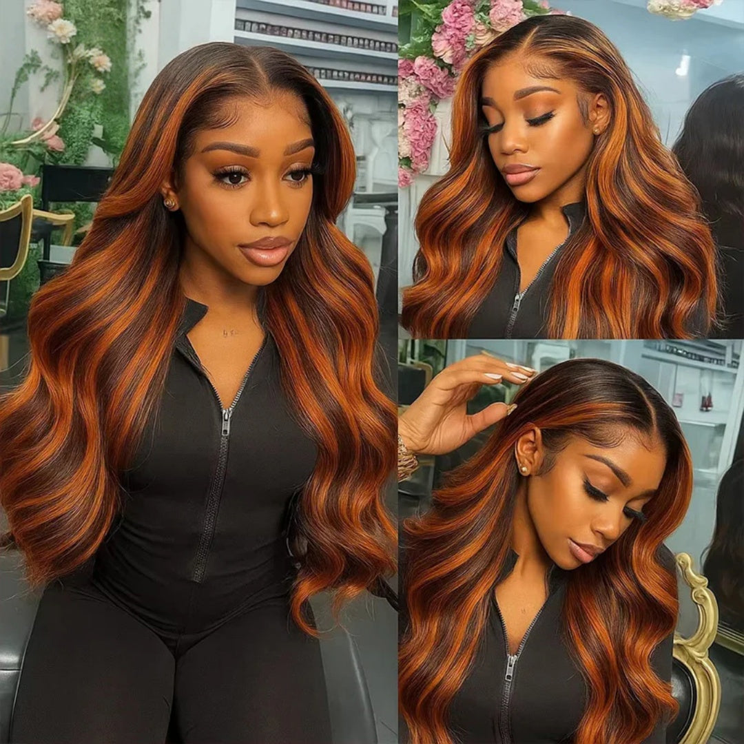 4x4/5x5 TRANSPARENT LACE CLOSURE PRE-PLUCKED GINGER HIGHLIGHT BODY WAVE WIG