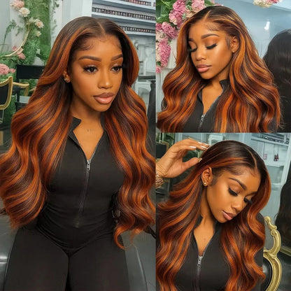 4x4/5x5 TRANSPARENT LACE CLOSURE PRE-PLUCKED GINGER HIGHLIGHT BODY WAVE WIG