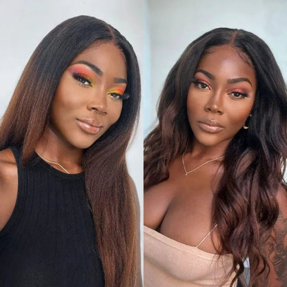 BYE-BYE KNOTS 13X6 HD LACE FRONTAL SUPER PRE-PLUCKED OMBRE BROWN WIG /YAKI WAVE