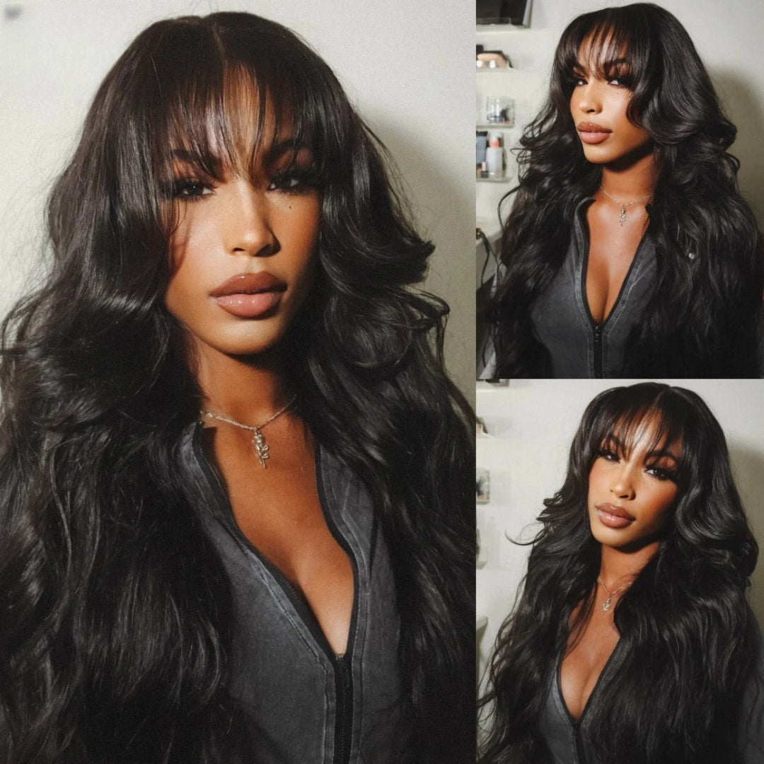 "One Fits All" 9x6 Lace Parting HD LACE Super Preplucked Hairline Body Wave With Bang Wig