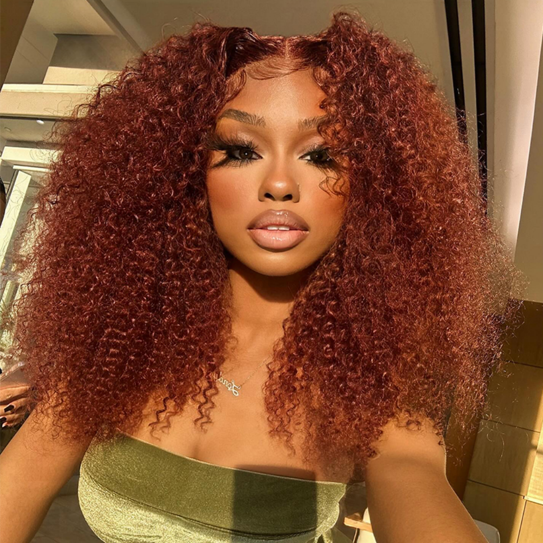 4X4/13X4 LACE FRONT HUMAN HAIR REDDISH BROWN KINKY CURLY WIG