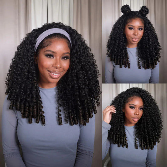 Upgrade 3 IN 1 Half Wig With Drawstring Burmese Curls with Coily Ends Glueless Human Hair Wig