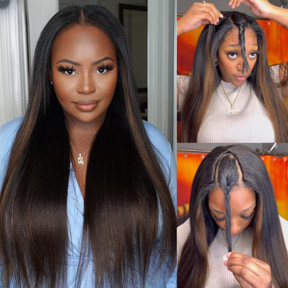 EasiContour V-Part Glueless Yaki Straight Brown Ombre Wig With Upgrade Drawstring