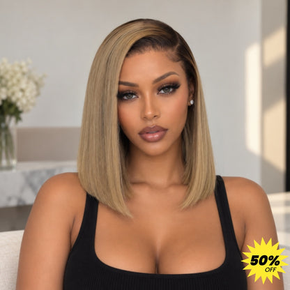 HD Lace Pre-Plucked Hairline Dark Root Beige Blonde Silky Straight Bob Wig
